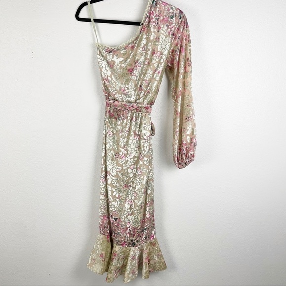 Hemant and Nandita Nina One Shoulder Floral Velvet Dress XS Cream Green Cocktail - Picture 5 of 10
